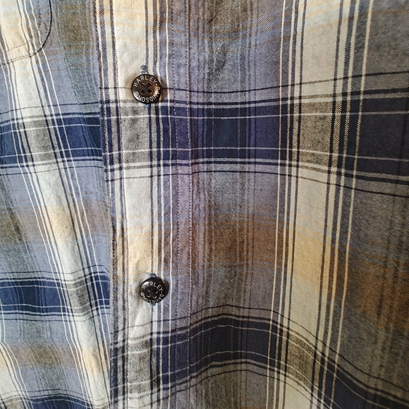 Harley Davidson Motorcycle HDMC Size L Men’s Button Up Blue Tan Plaid Shirt EUC - Picture 10 of 10